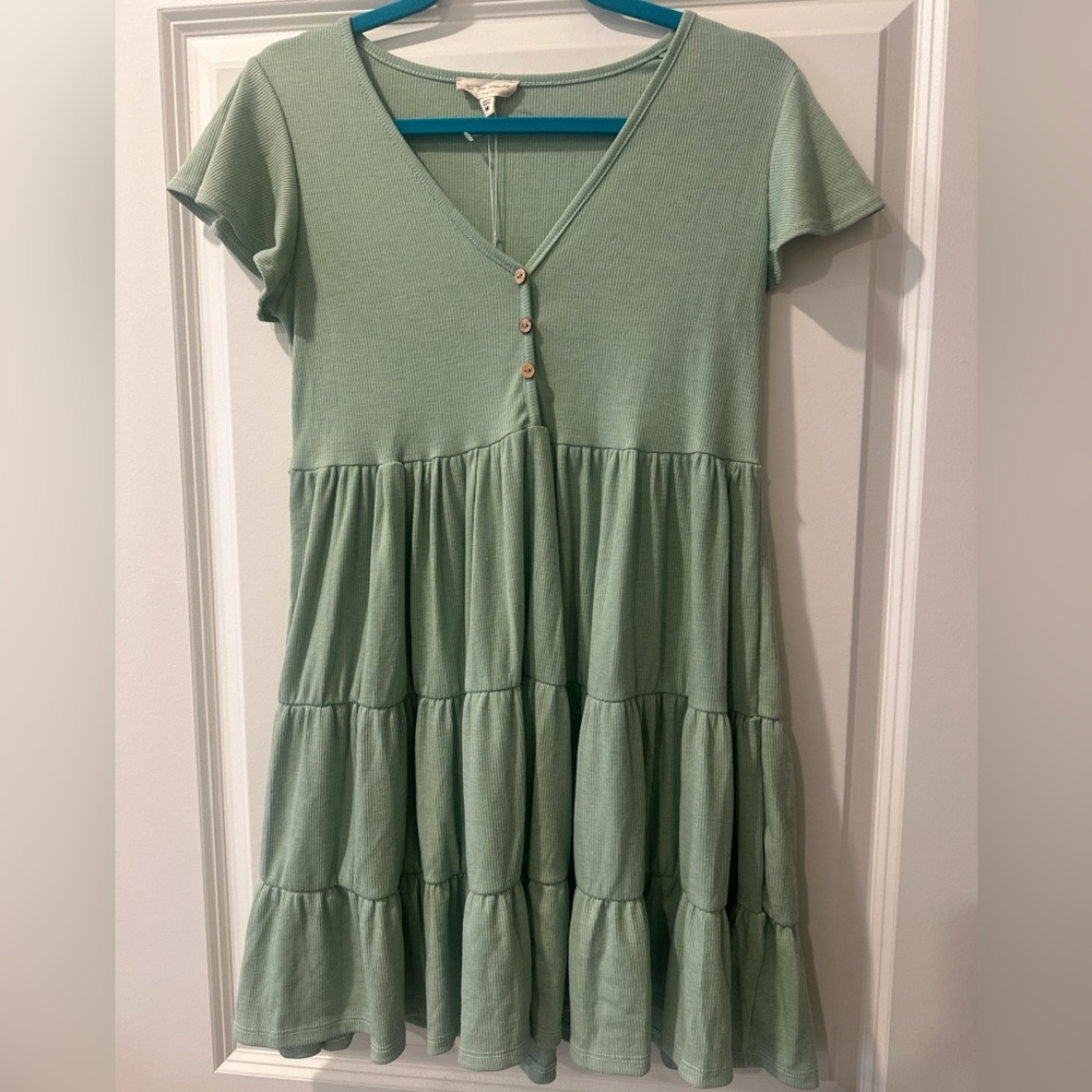 Green Ruffled Tiered Sundress with Flutter Sleeves